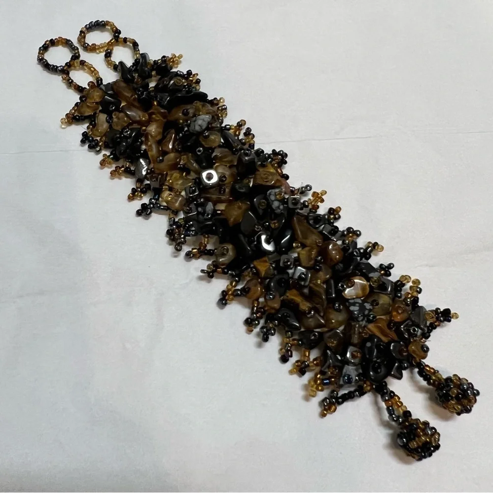 Beaded and Stones Wide Cuff Chunky Adjustable bracelet. - Picture 5 of 9